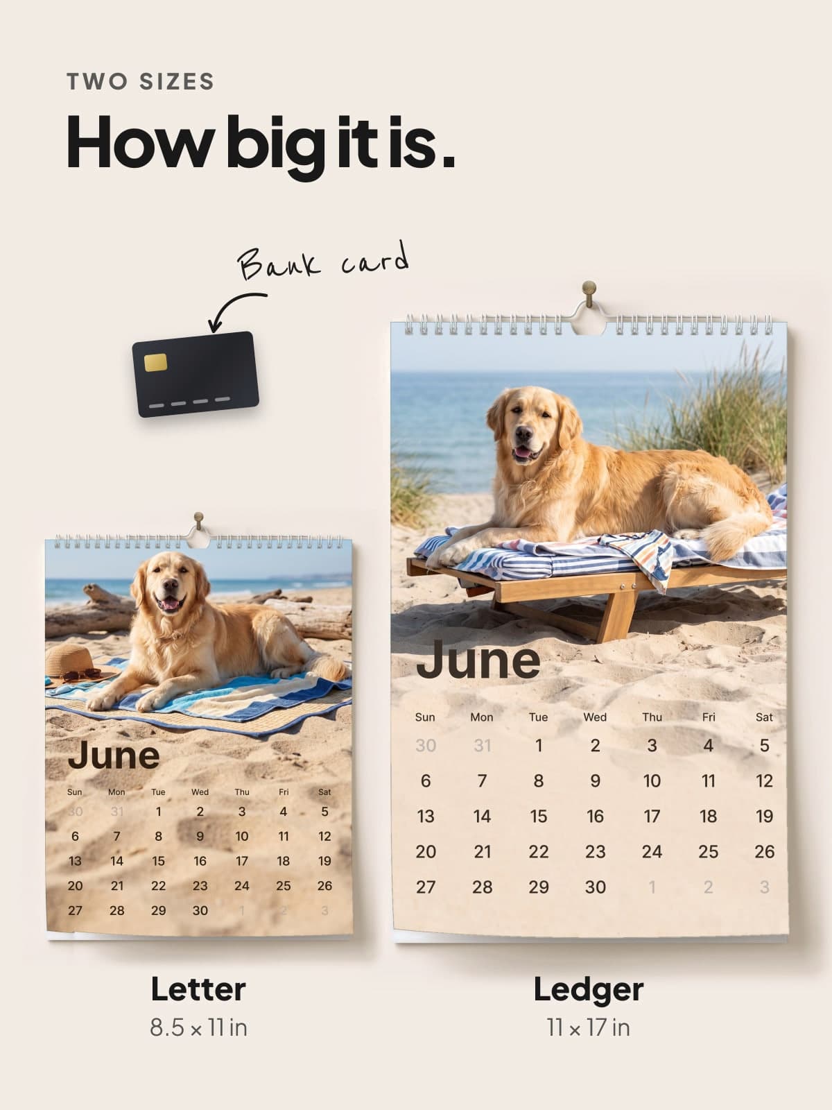 The Letter and Ledger calendars side by side, to scale with a bank card