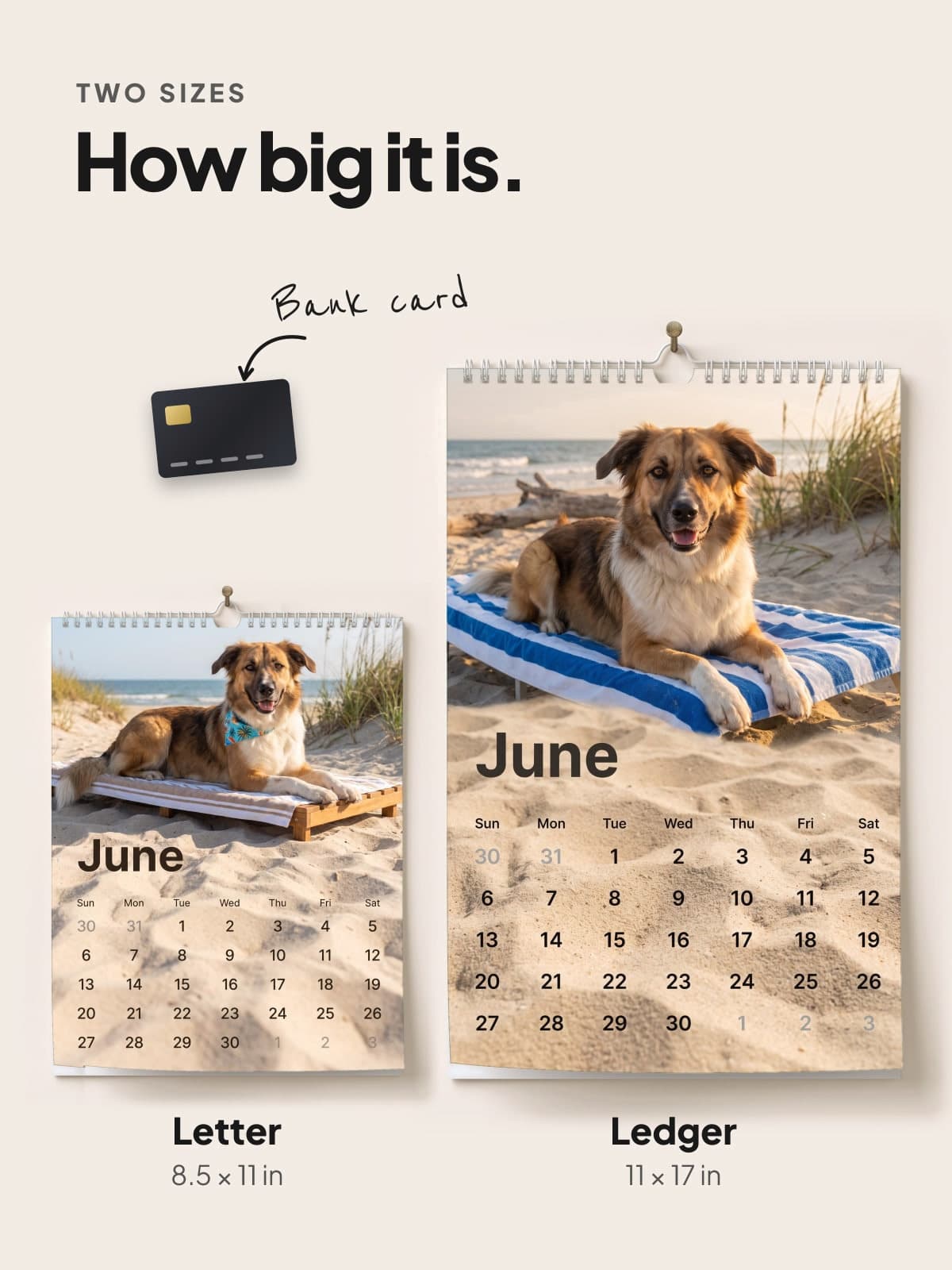 The Letter and Ledger calendars side by side, to scale with a bank card