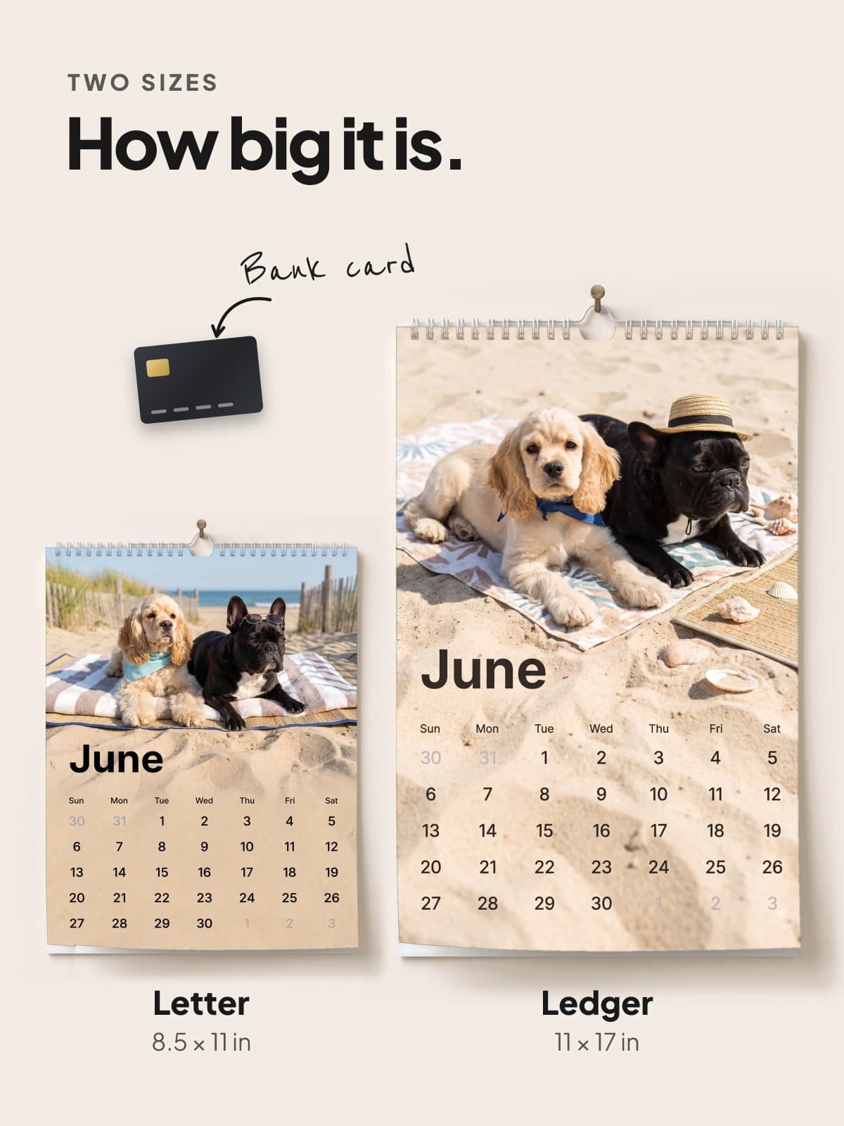 The Letter and Ledger calendars side by side, to scale with a bank card
