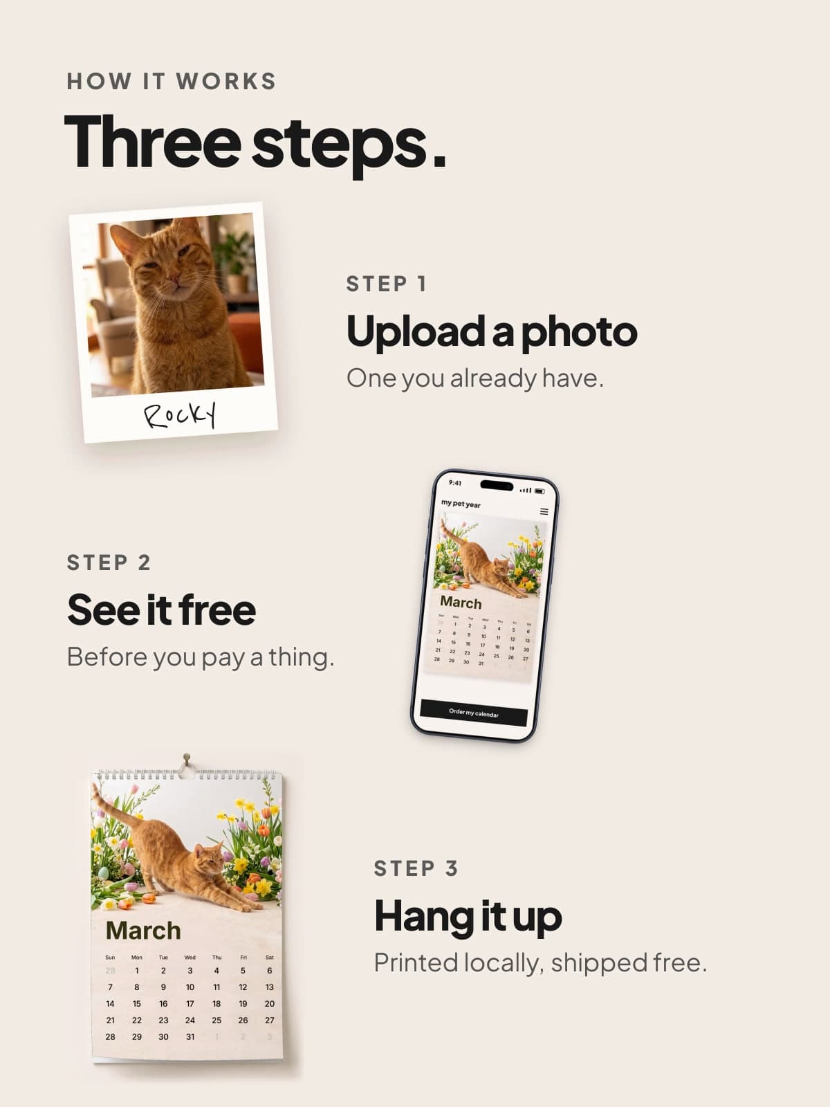 How it works: a photo of a ginger cat, the free preview on a phone, and the calendar hanging up