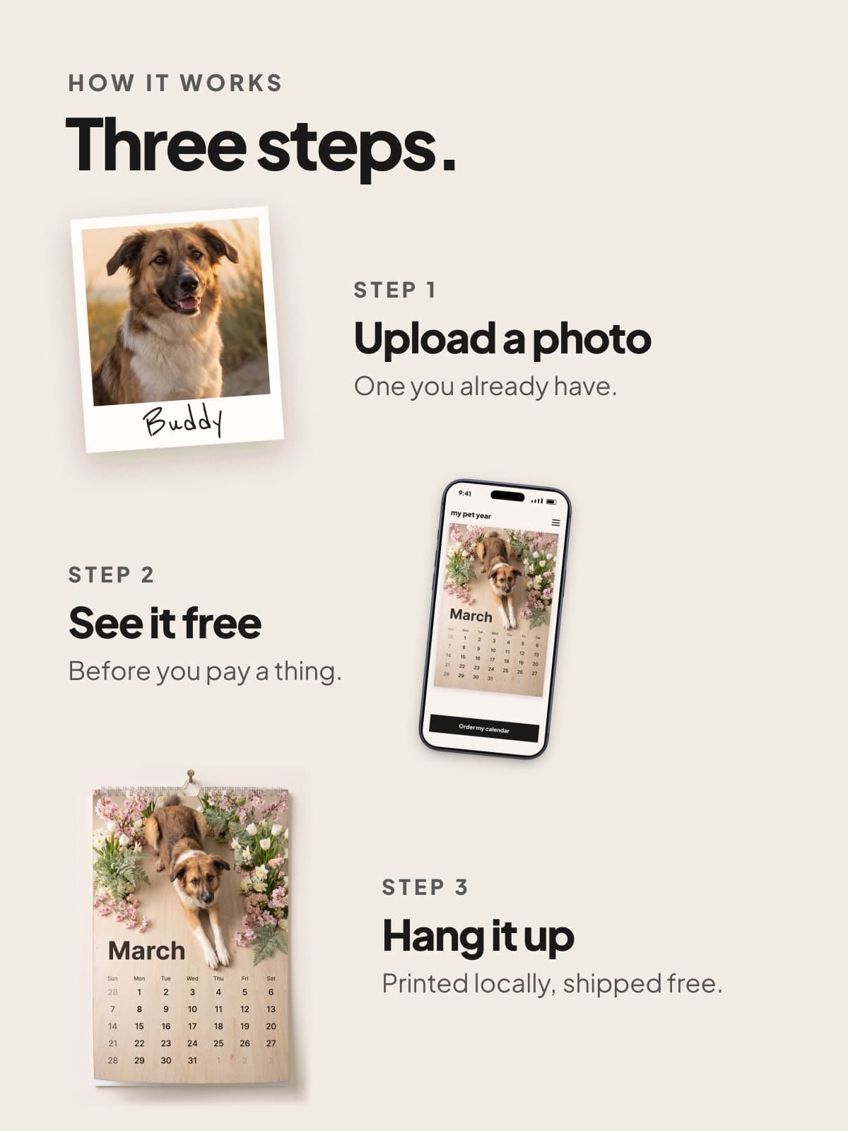 How it works: a photo of a shepherd mix, the free preview on a phone, and the calendar hanging up