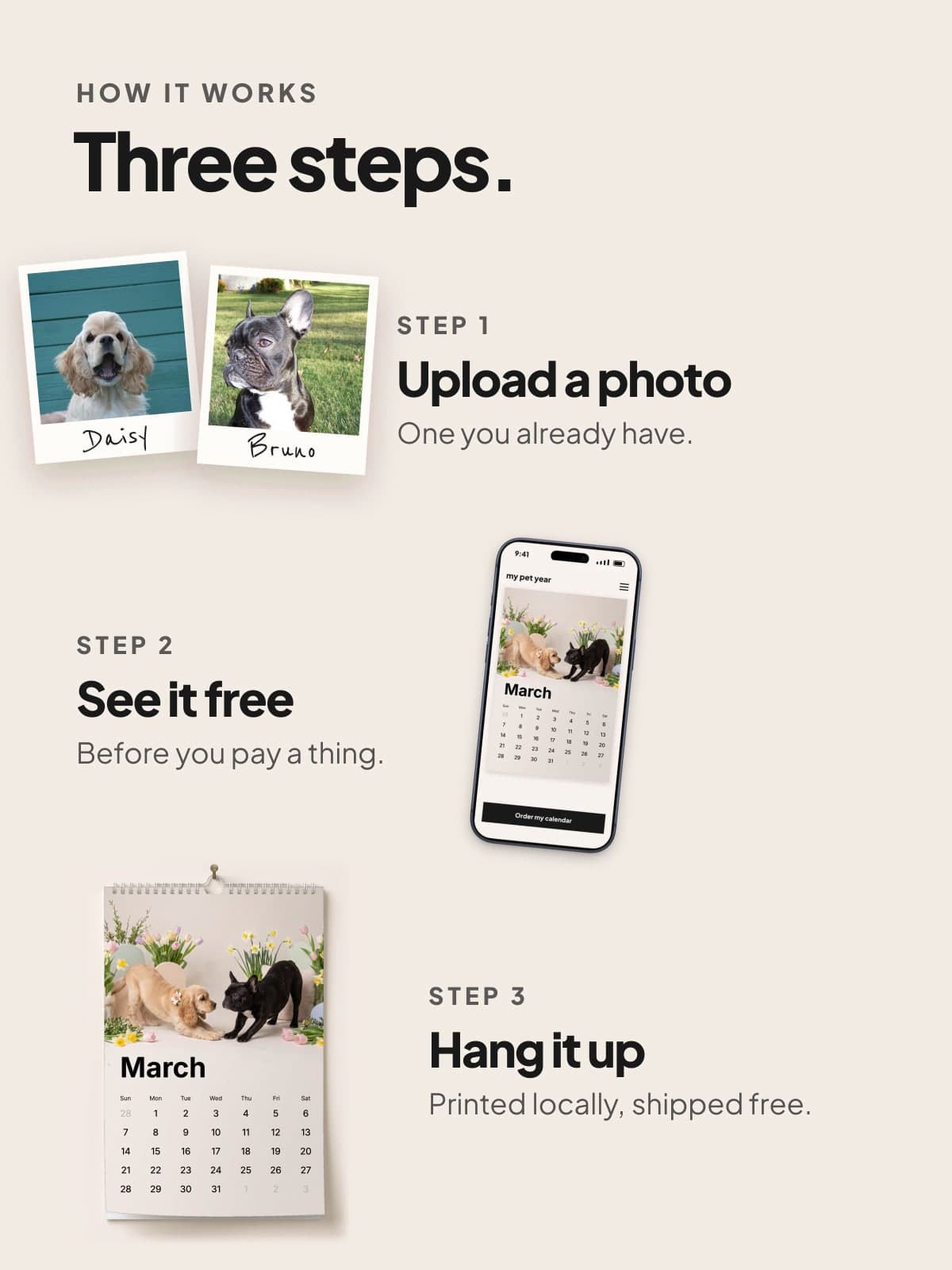 How it works: a photo of a French bulldog and a cocker spaniel, the free preview on a phone, and the calendar hanging up
