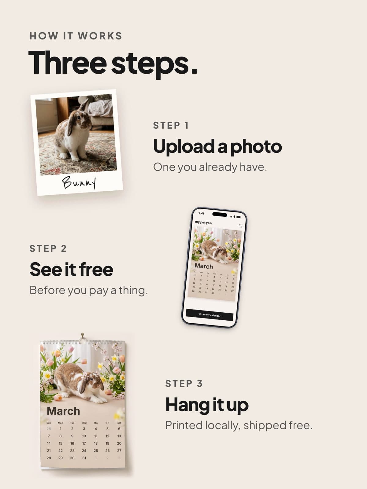 How it works: a photo of a lop-eared rabbit, the free preview on a phone, and the calendar hanging up
