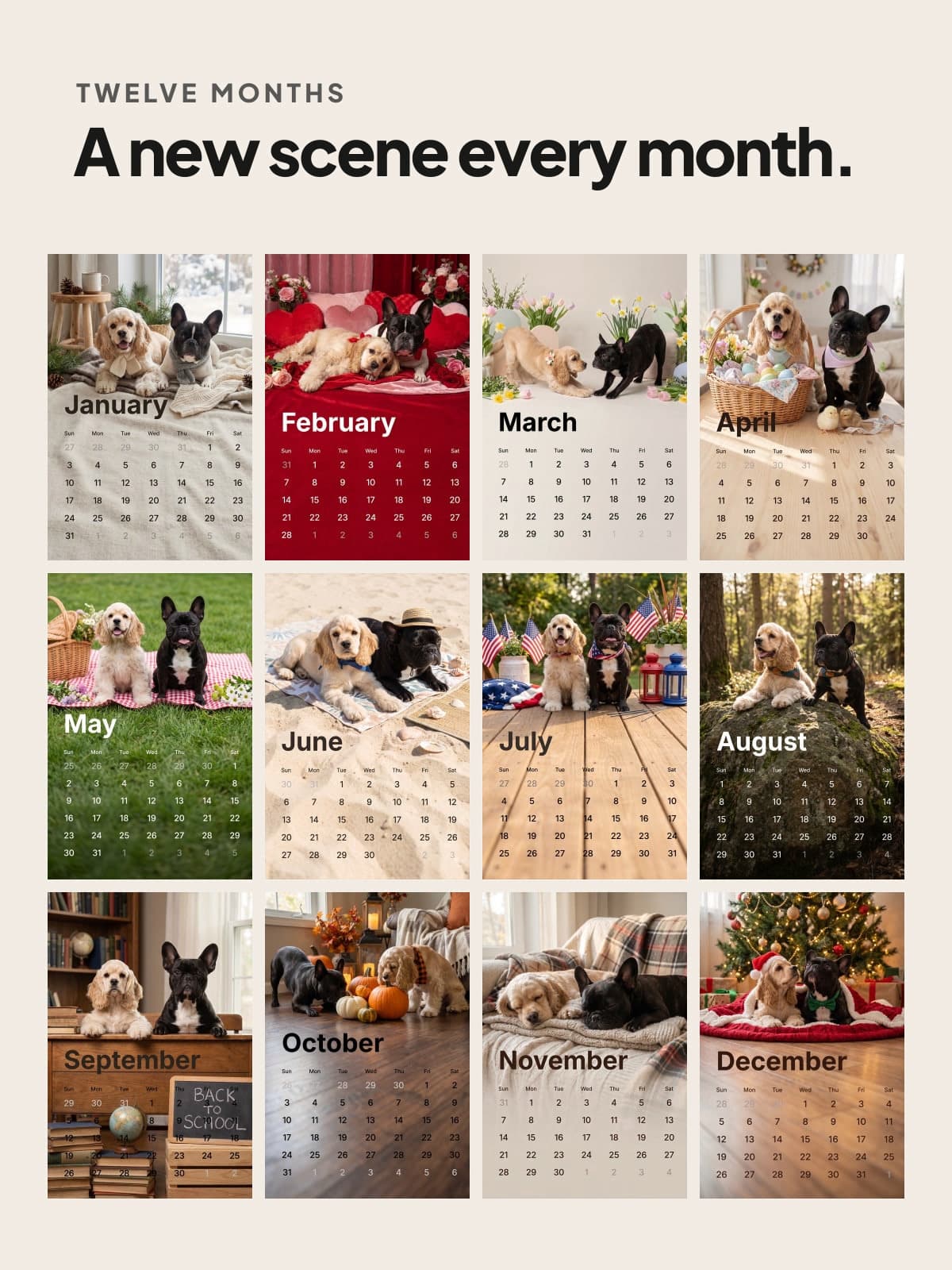 Twelve photo calendar pages of a French bulldog and a cocker spaniel, a new scene every month