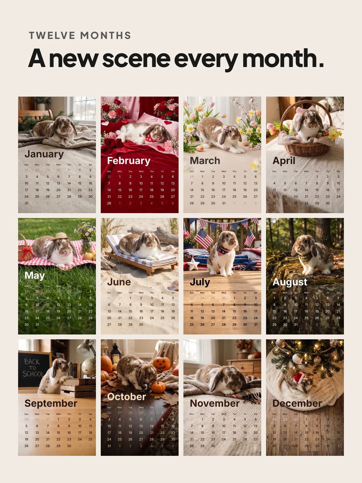 Twelve photo calendar pages of a lop-eared rabbit, a new scene every month