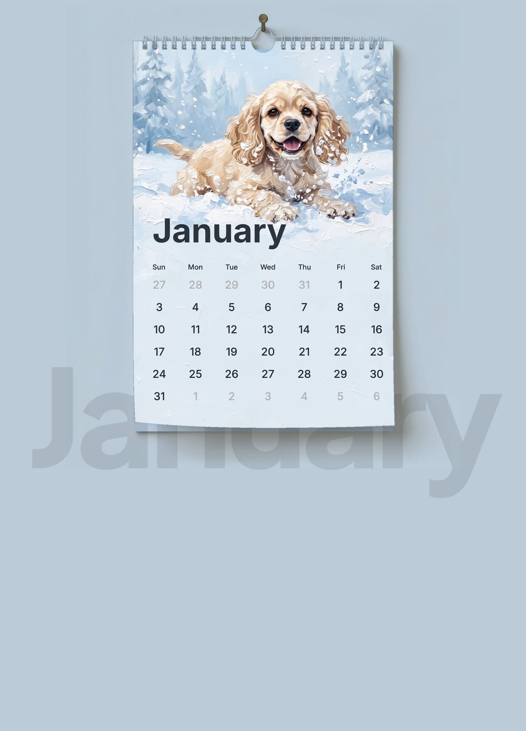 A 2027 painted pet calendar hanging on a wall, turning through the months