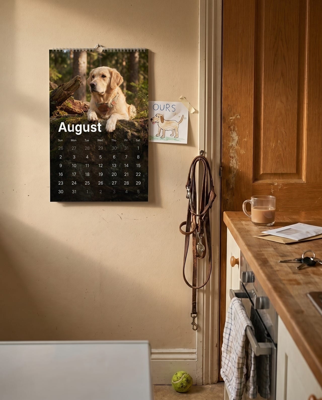 A 2027 pet calendar hanging on a kitchen wall, open to a month