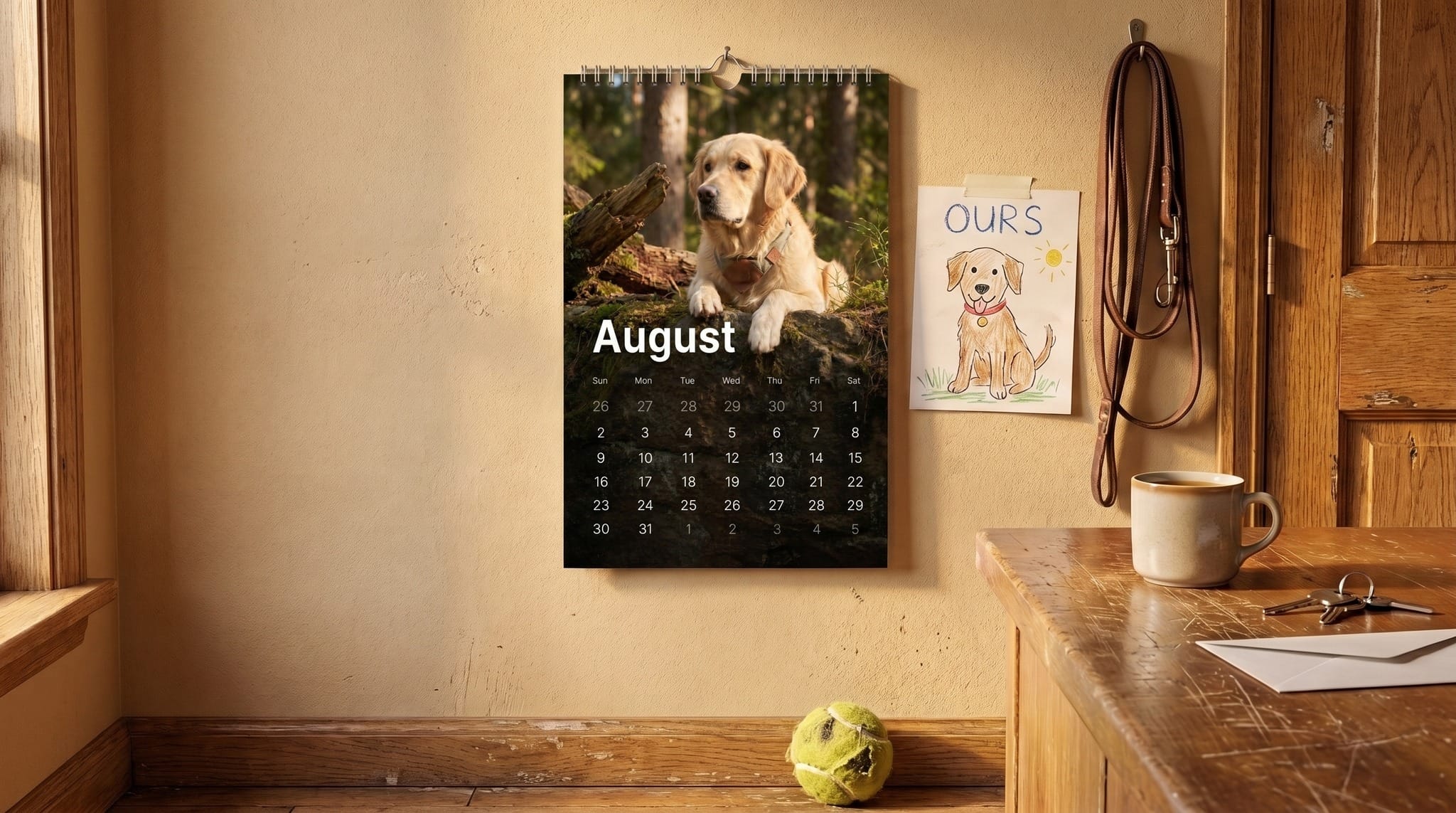 A 2027 pet calendar hanging on a kitchen wall, open to a month