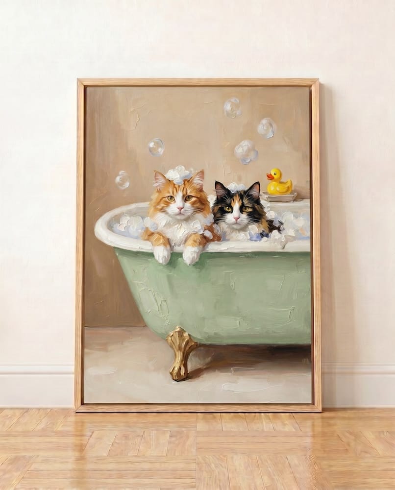 Framed portrait of two cats in a green bubble bath