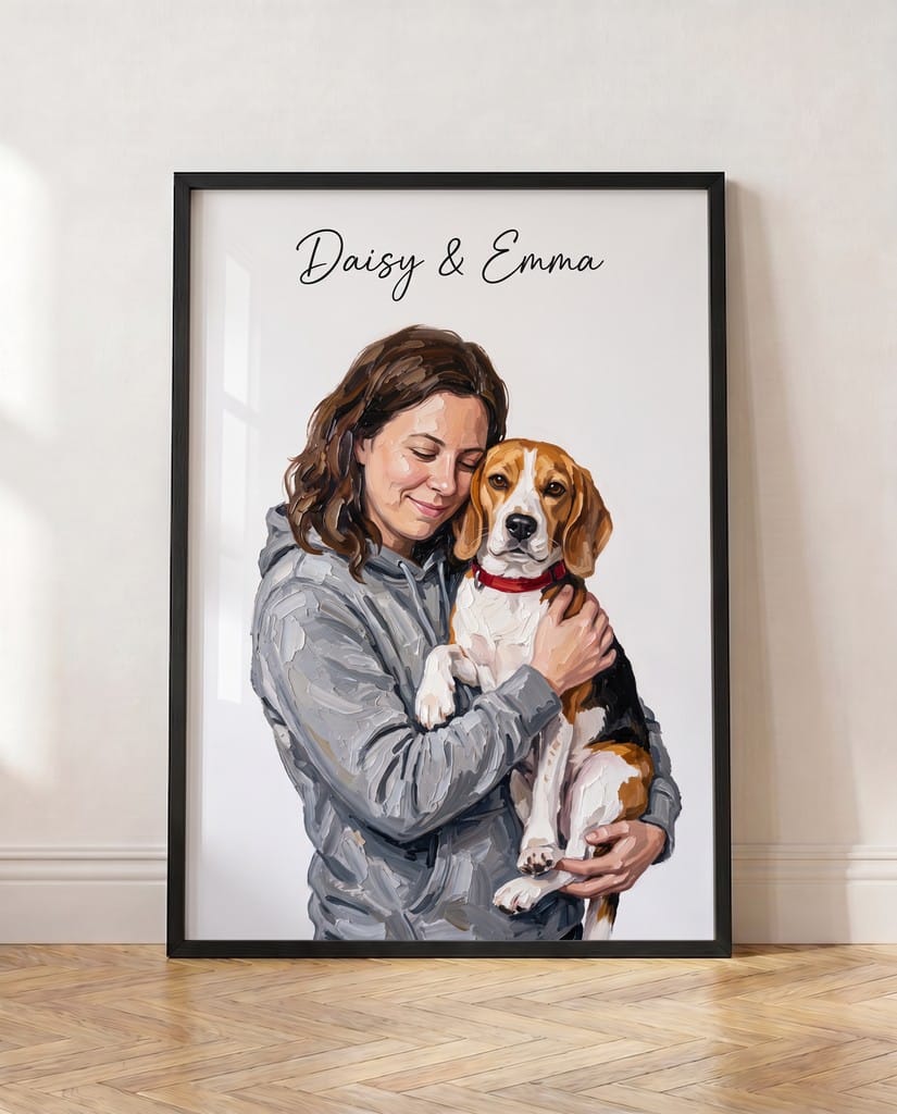 Framed Big Hug portrait on soft white, person hugging their beagle, names painted above