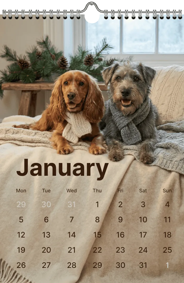 Animated preview of a personalized pet calendar cycling through different months with seasonal themes